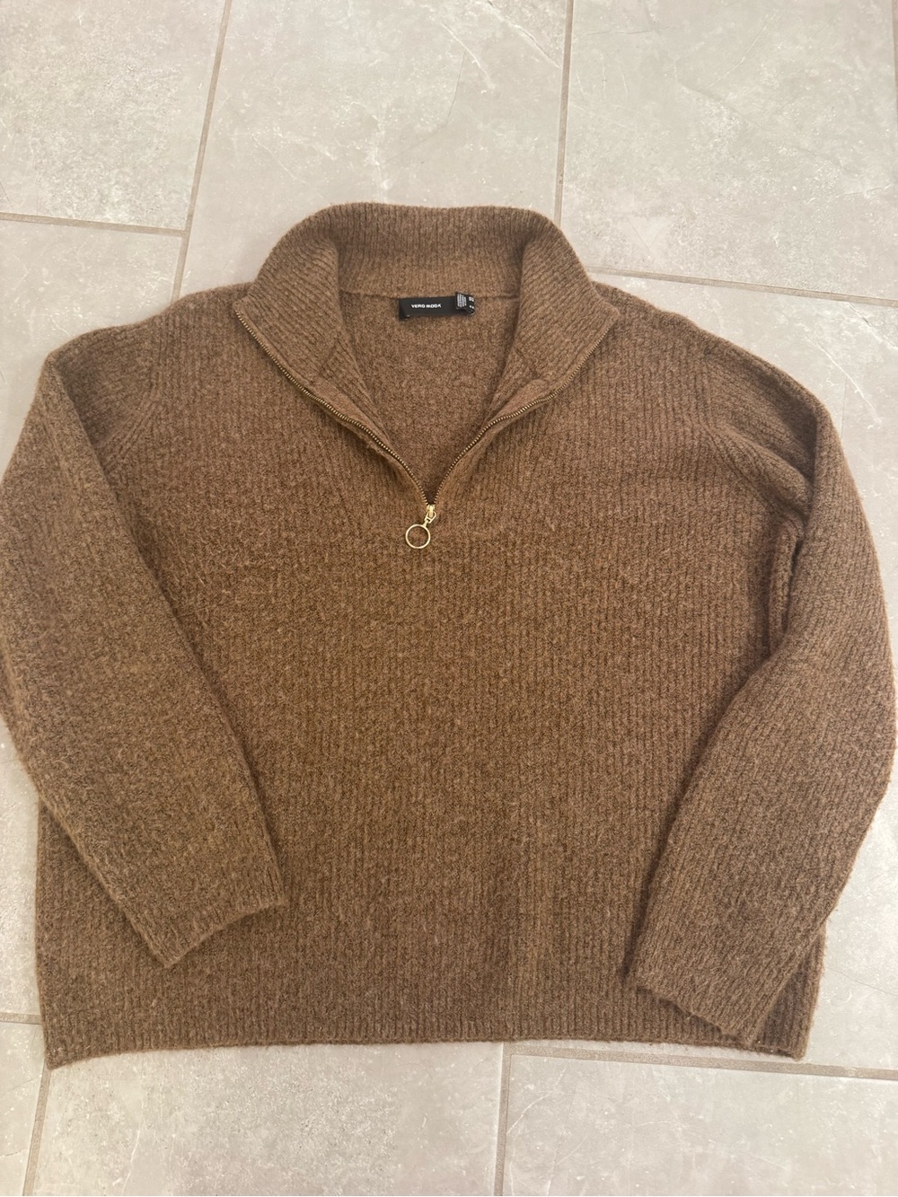 Vero Moda Women's Brown Zip Shawl Collar Sweater